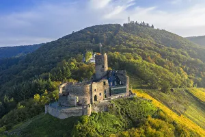 Aerial view on Landshut castle, Bernkastel-Kues, Mosel valley, Rhineland-Palatinate