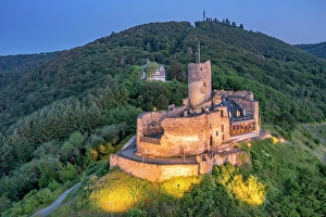 River Mosel Prints: Aerial view at the Landshut castle at dusk