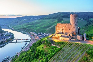 River Mosel Prints: Aerial view at the Landshut castle at dusk
