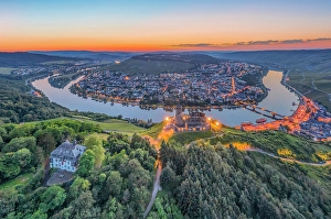River Mosel Prints: Aerial view at the Landshut castle at dusk