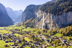 Aerial view of Lauterbrunnen. Lauterbrunnen, Canton of Bern, Switzerland, Europe
