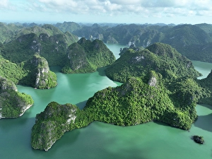 North Vietnam Prints: Aerial view of limestone islands, Halong Bay, North Vietnam