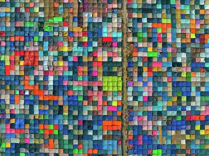 Aerial view of local market colourful tents at Minar Moshjid Tabling for the Global Muslims Congregation in Tongi, Dhaka, Bangladesh