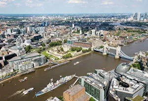 Royal Palace Collection: The aerial view of London towards Tower of London and Tower Bridge, London, England
