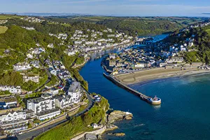 Aerial view over Looe, Cornish fishing town, Cornwall, England