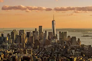 Aerial view of Lower Manhattan skyline at sunset, Manhattan, New York, USA