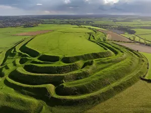 October Prints: Aerial view of Maiden Castle, the largest Iron Age Hillfort in Britain near Dorchester