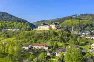 Spring Time Prints: Aerial view at Malberg with castle, Kyll valley, Eifel, Rhineland-Palatinate, Germany