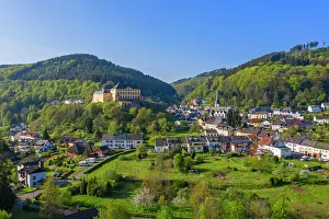 Aerial view at Malberg with castle, Kyll valley, Eifel, Rhineland-Palatinate, Germany