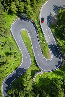 Mountain Pass Prints: Aerial view of the Maloja Pass during summer