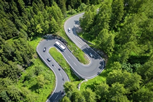 Mountain Pass Prints: Aerial view of the Maloja Pass during summer