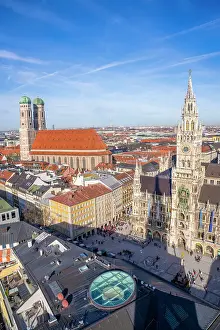 Frauenkirche Prints: Aerial view of Marienplatz square with Munich's historic Neues Rathaus and Frauenkirche cathedral
