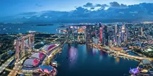 Concept Prints: Aerial view of Marina Bay Sands and Singapore City Harbour at night, Singapore, Asia