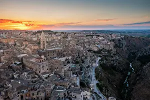 Basilicata Prints: Aerial view of Matera old town at sunset. Matera, Basilicata, Italy