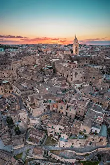 Basilicata Prints: Aerial view of Matera old town at sunset. Matera, Basilicata, Italy
