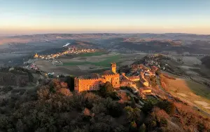 Castello Prints: Aerial view of the medieval town of Camino Monferrato and its castle