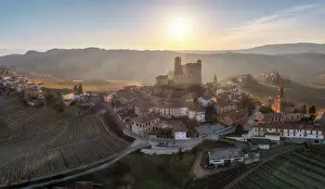 Castello Prints: Aerial view of the medieval town of Serralunga D'Alba and its castle
