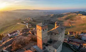 Castello Prints: Aerial view of the medieval town of Serralunga D'Alba and its castle