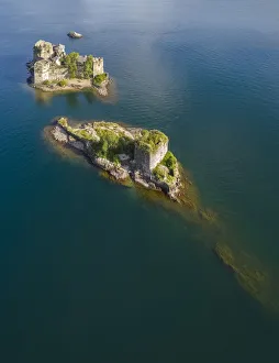 Maggiore Prints: Aerial view of the medievals Castelli di Cannero, Lake Maggiore. Cannobio, Piedmont, Italy