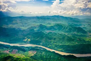 View From Above Prints: Aerial view of Mekong river and mountain landscape near Luang Prabang, Louangphabang