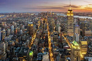 Top View Collection: Aerial view of Midtown Manhattan skyline at sunset, New York, USA