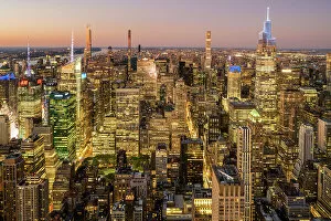 Aerial view of Midtown Manhattan at twilight, New York, USA