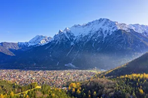 Karwendel Prints: Aerial view on Mittenwald and Karwendel, Mittenwald, Bavaria, Germany