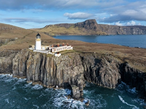 Aerial view of Neist Point Lighthouse on the Isle of Skye, Scotland. Winter (February) 2025