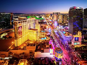 Strip Prints: Aerial View at night of the Las Vegas illuminated Strip