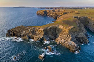 Images Dated 28th May 2021: Aerial view of North Cornish rugged coastline in evening light, Park Head, Cornwall