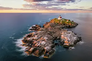 York Prints: Aerial view of Nubble Lighthouse at sunrise, Cape Neddick, Maine, USA