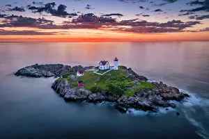 York Prints: Aerial view of Nubble Lighthouse at sunrise, Cape Neddick, Maine, USA