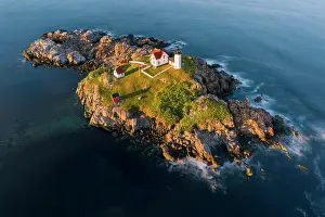 York Prints: Aerial view of Nubble Lighthouse at sunset, Cape Neddick, Maine, USA
