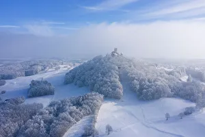 Aerial view at Nuerburg castle in winter, Nuerburg, Eifel, Rhineland-Palatinate, Germany