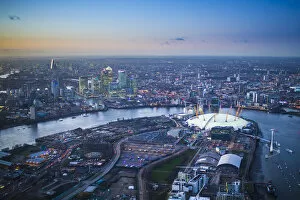 Images Dated 22nd December 2014: Aerial view over O2 arena, Isle of Dogs and Canary Wharf, London, England