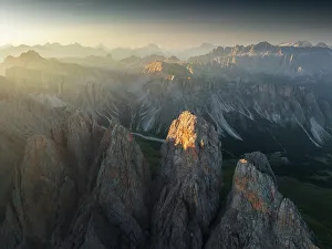 Odle Prints: Aerial view of the Odle as seen from the Seceda during a clear summer morning