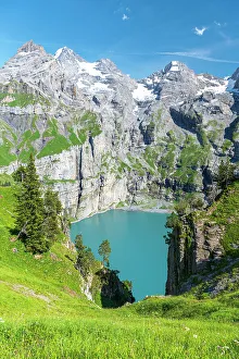 Kandersteg Prints: Aerial view of Oeschinensee lake near Kandersteg, Bernese Oberland, Switzerland