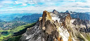 Catinaccio Prints: Aerial view of of Roda di Vael rock peaks and Catinaccio Rosengarten mountain range