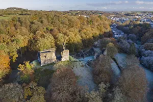 Images Dated 8th December 2021: Aerial view of Okehampton Castle on a frosty autumn morning, Okehamton, Devon, England