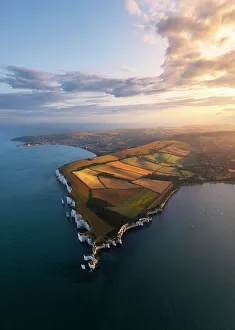 Purbeck Prints: Aerial view of Old Harry Rocks at sunset during summer