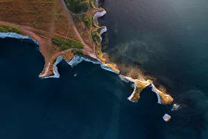 Purbeck Prints: Aerial view of Old Harry Rocks at sunset during summer
