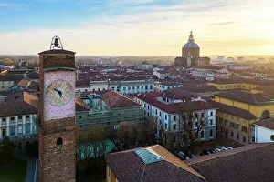 City Centre Prints: Aerial view of the old medieval towers of Pavia at sunset. Pavia, Lombardy, Italy, Europe