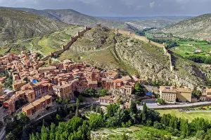 Aragon Prints: Aerial view of the old town and Arab walls, Albarracin, Aragon, Spain