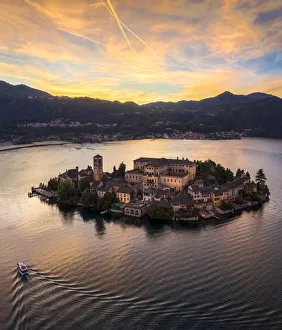 Isola Di San Giulio Prints: Aerial view of Orta San Giulio and Lake Orta at sunset. Orta Lake, Province of Novara