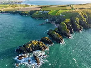 Trevose Head Prints: Aerial view of Padstow Lighthouse and Merope Rocks opn Trevose Head