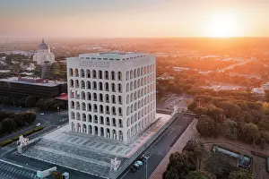 Pattern Prints: Aerial view of the Palace of Italian Civilisation (also known as the Square Colosseum) at sunset