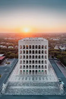 Pattern Prints: Aerial view of the Palace of Italian Civilisation (also known as the Square Colosseum) at sunset