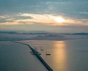 Aerial view of Penang Bridge at dawn, Gelugor, Pulau Pinang, Penang, Malaysia, Asia