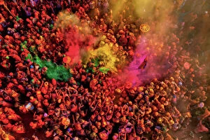 Hinduism Collection: Aerial view of people celebrating the holy colour festival at Shri And Baba Temple, Nandgaon