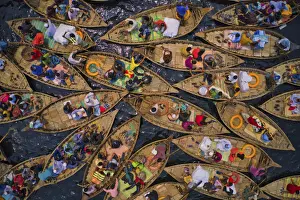 Clear Prints: Aerial view of people sitting on traditional boats at Old Dhaka river port along